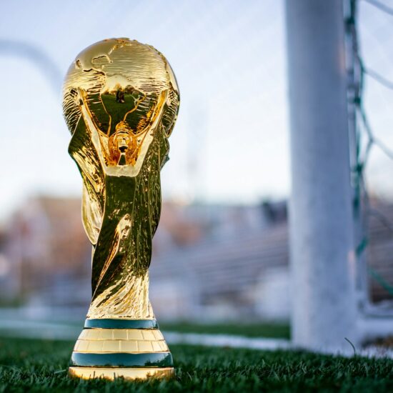 international football trophy sitting on soccer field near the goals