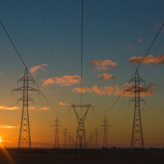 Power pylons at sunset